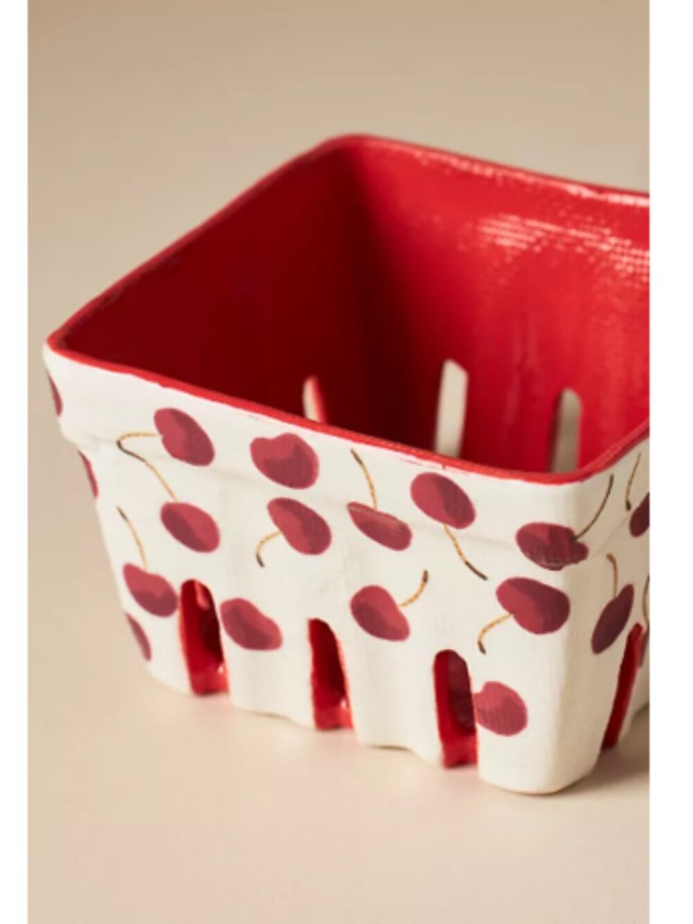 New Anthropoloie Cherry Icon Handpainted Stoneware Medium Berry Basket